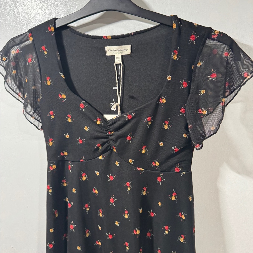 See You Monday Black and Floral Tiered Mini Dress - Picture 2 of 4